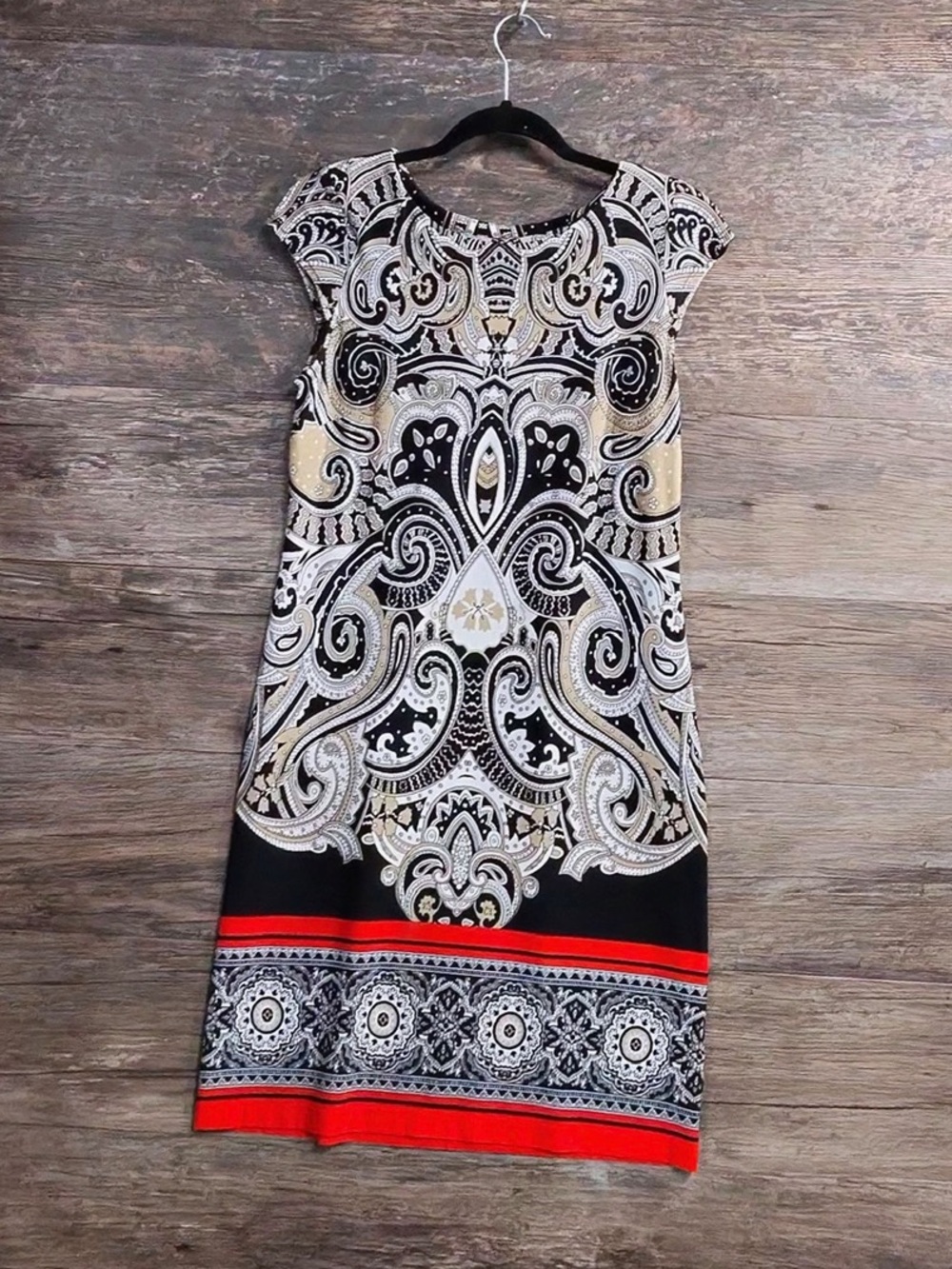 Cap-Sleeve Paisley Dress with Red Hem
